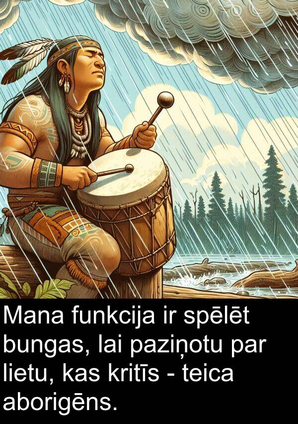 spēlēt: Mana funkcija ir spēlēt bungas, lai paziņotu par lietu, kas kritīs - teica aborigēns.