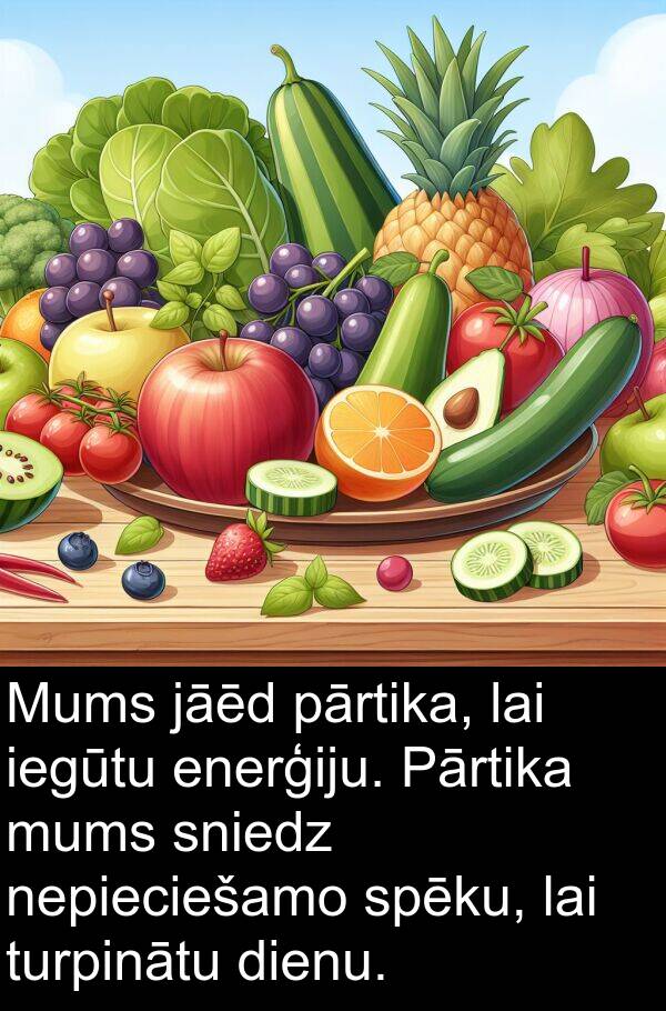 jāēd: Mums jāēd pārtika, lai iegūtu enerģiju. Pārtika mums sniedz nepieciešamo spēku, lai turpinātu dienu.