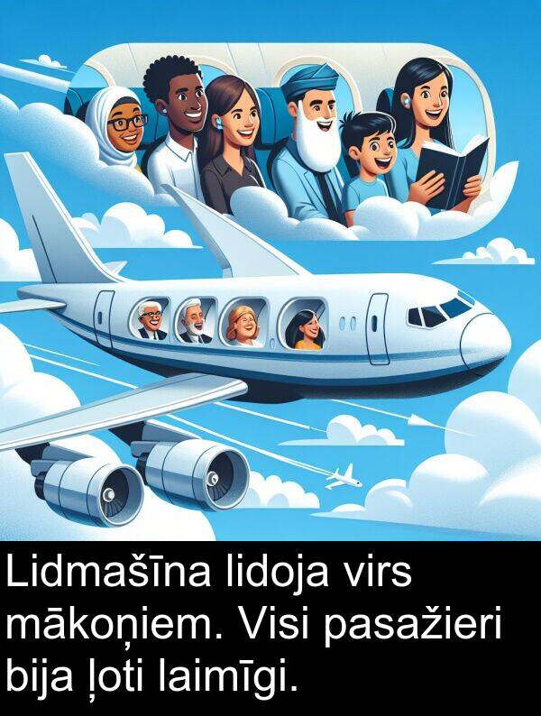 mākoņiem: Lidmašīna lidoja virs mākoņiem. Visi pasažieri bija ļoti laimīgi.