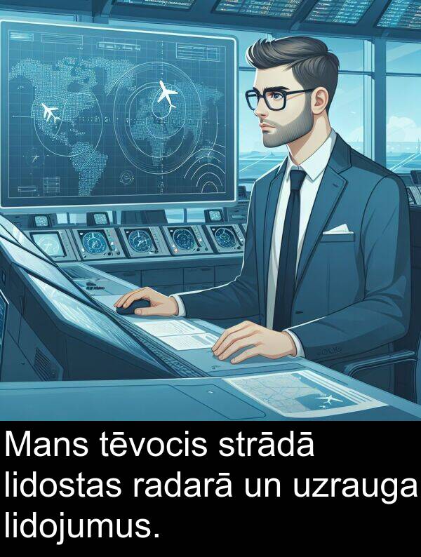 radarā: Mans tēvocis strādā lidostas radarā un uzrauga lidojumus.