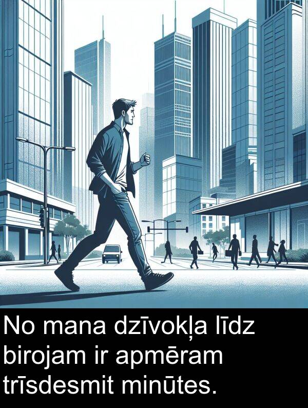 apmēram: No mana dzīvokļa līdz birojam ir apmēram trīsdesmit minūtes.