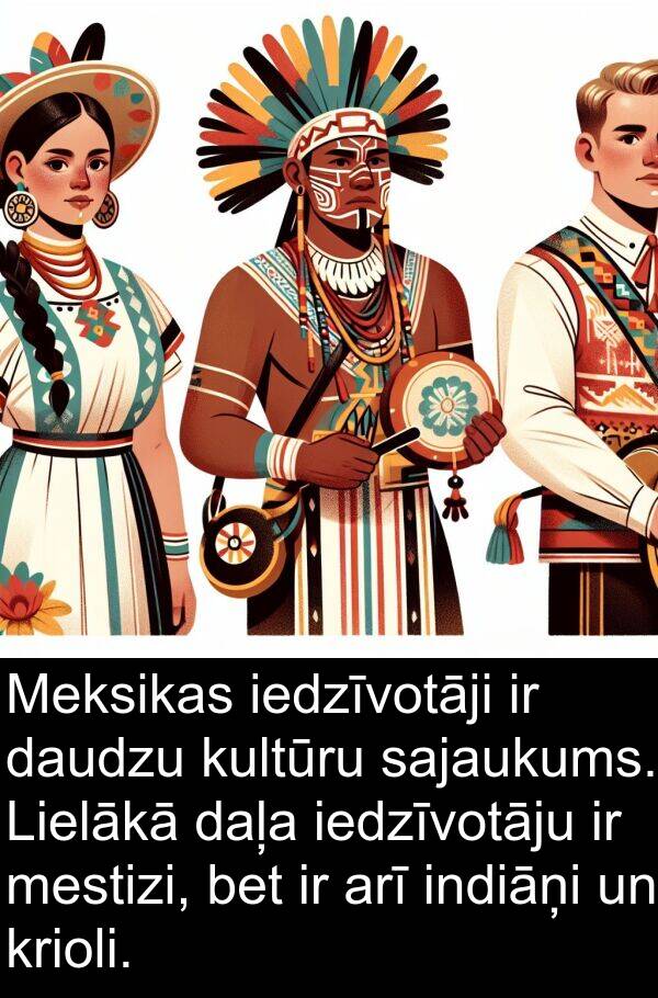 kultūru: Meksikas iedzīvotāji ir daudzu kultūru sajaukums. Lielākā daļa iedzīvotāju ir mestizi, bet ir arī indiāņi un krioli.