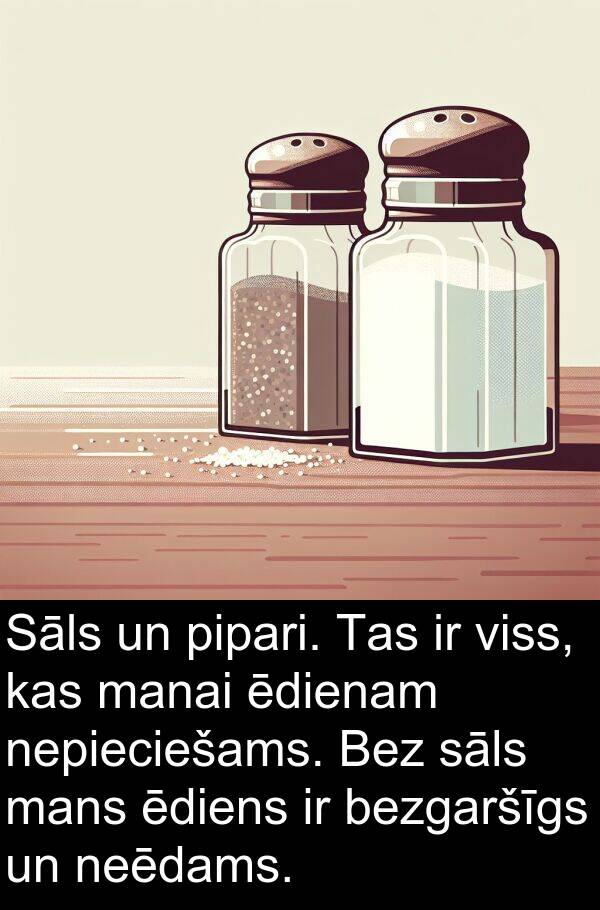 ēdiens: Sāls un pipari. Tas ir viss, kas manai ēdienam nepieciešams. Bez sāls mans ēdiens ir bezgaršīgs un neēdams.
