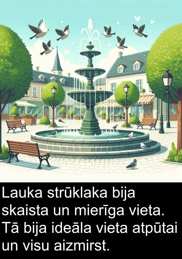 strūklaka: Lauka strūklaka bija skaista un mierīga vieta. Tā bija ideāla vieta atpūtai un visu aizmirst.