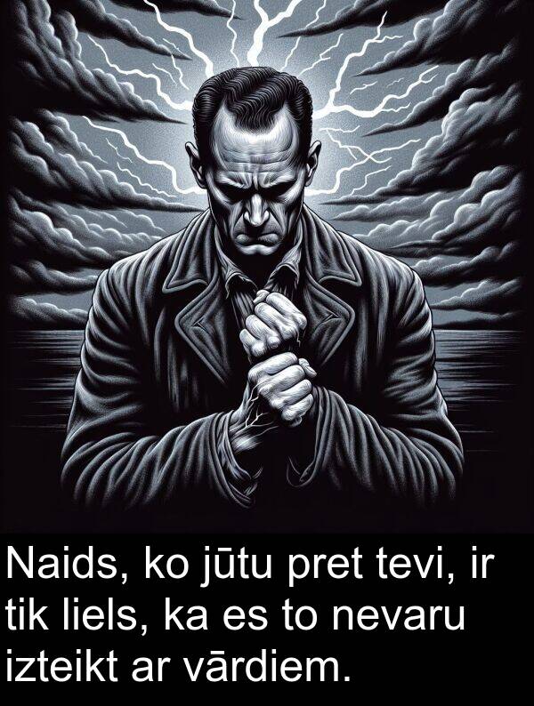 izteikt: Naids, ko jūtu pret tevi, ir tik liels, ka es to nevaru izteikt ar vārdiem.