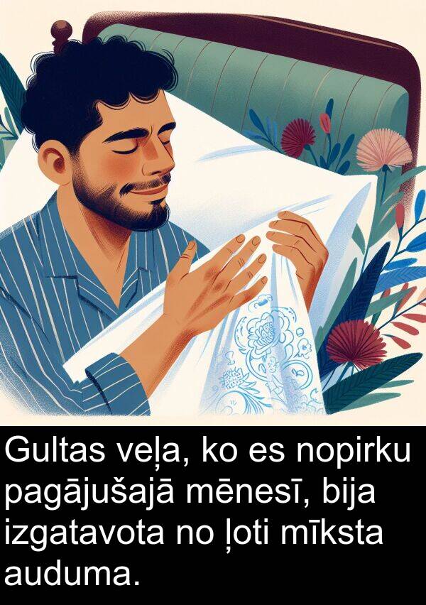 pagājušajā: Gultas veļa, ko es nopirku pagājušajā mēnesī, bija izgatavota no ļoti mīksta auduma.