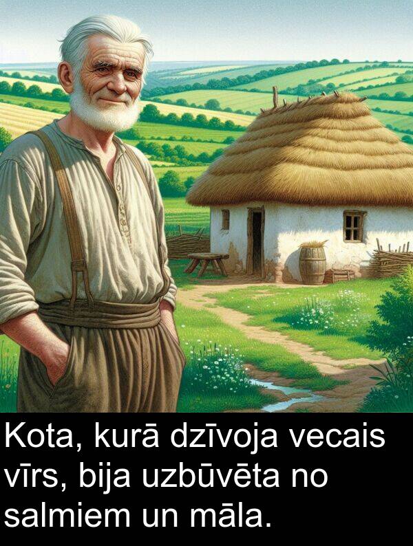 kurā: Kota, kurā dzīvoja vecais vīrs, bija uzbūvēta no salmiem un māla.