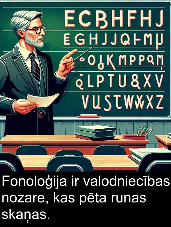 nozare: Fonoloģija ir valodniecības nozare, kas pēta runas skaņas.