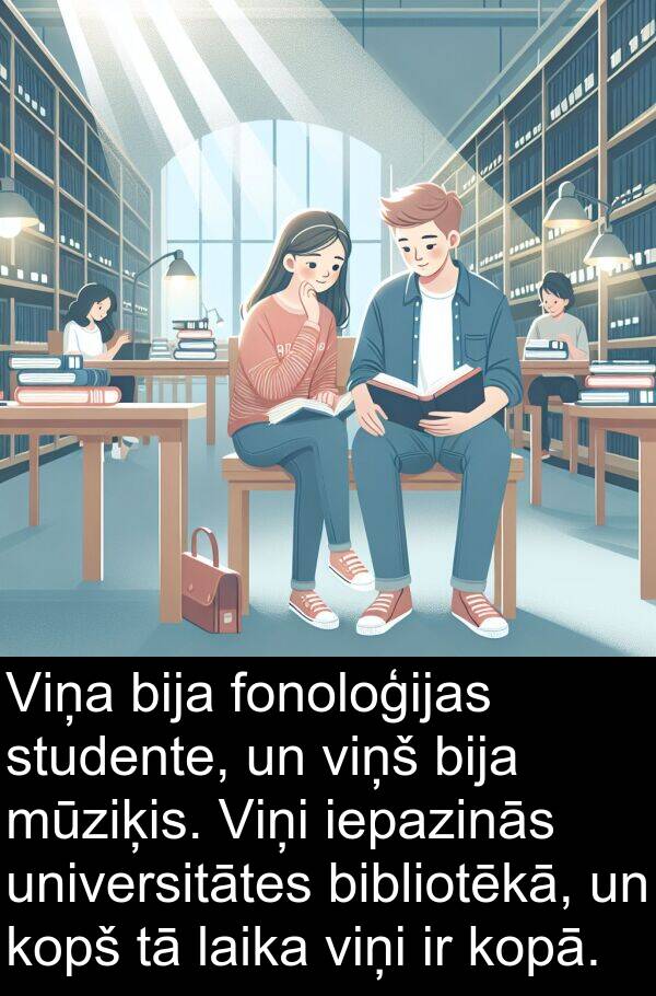 kopā: Viņa bija fonoloģijas studente, un viņš bija mūziķis. Viņi iepazinās universitātes bibliotēkā, un kopš tā laika viņi ir kopā.