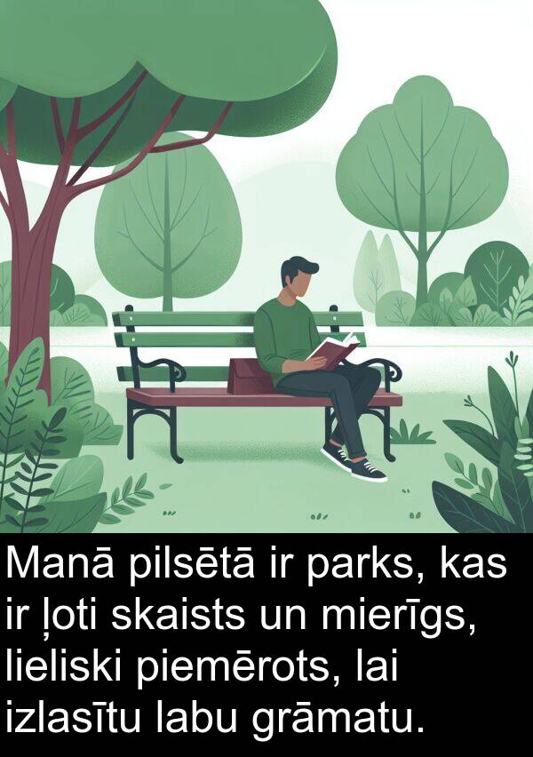 labu: Manā pilsētā ir parks, kas ir ļoti skaists un mierīgs, lieliski piemērots, lai izlasītu labu grāmatu.