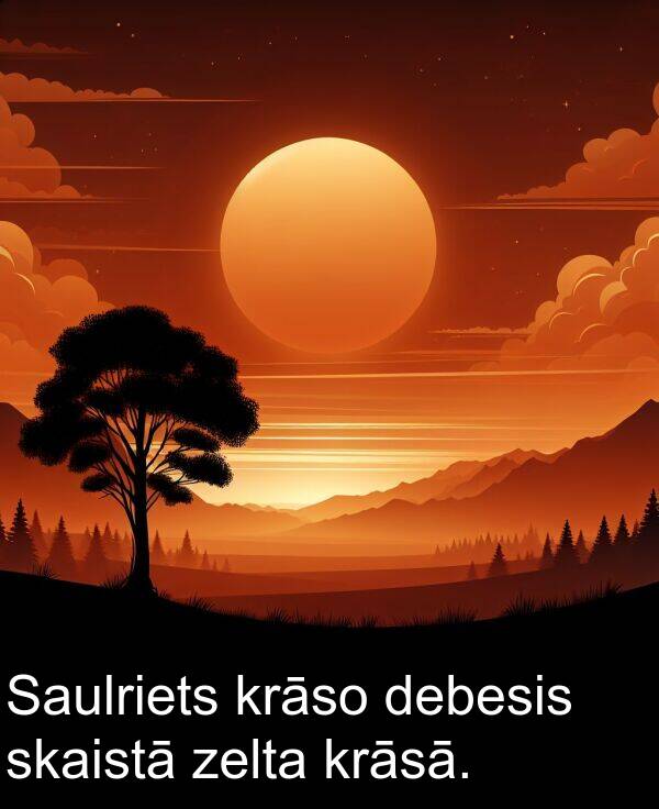 krāsā: Saulriets krāso debesis skaistā zelta krāsā.