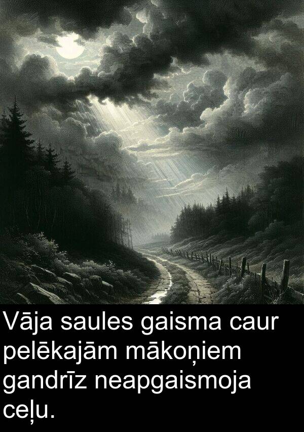 gandrīz: Vāja saules gaisma caur pelēkajām mākoņiem gandrīz neapgaismoja ceļu.