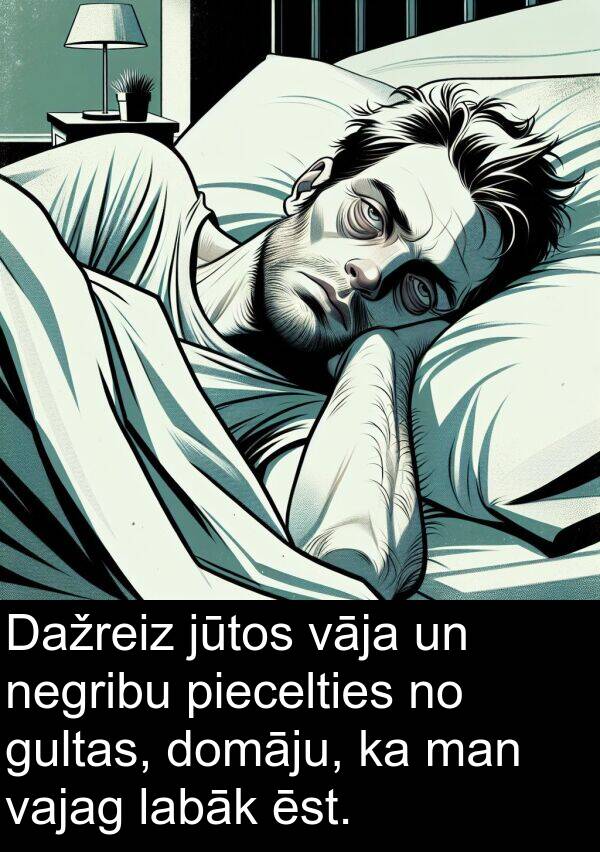 piecelties: Dažreiz jūtos vāja un negribu piecelties no gultas, domāju, ka man vajag labāk ēst.