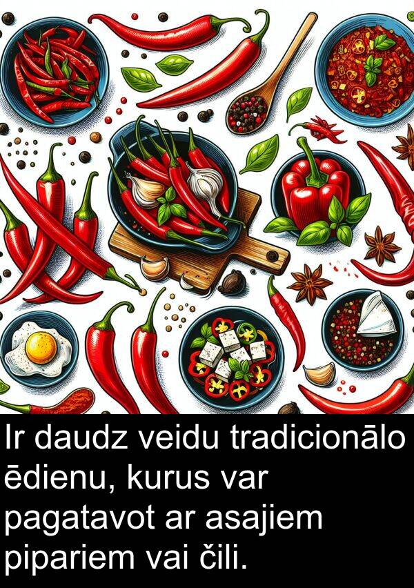 kurus: Ir daudz veidu tradicionālo ēdienu, kurus var pagatavot ar asajiem pipariem vai čili.
