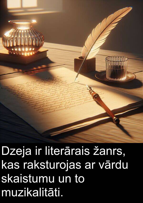 raksturojas: Dzeja ir literārais žanrs, kas raksturojas ar vārdu skaistumu un to muzikalitāti.