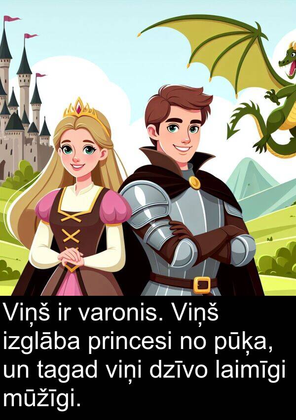 laimīgi: Viņš ir varonis. Viņš izglāba princesi no pūķa, un tagad viņi dzīvo laimīgi mūžīgi.