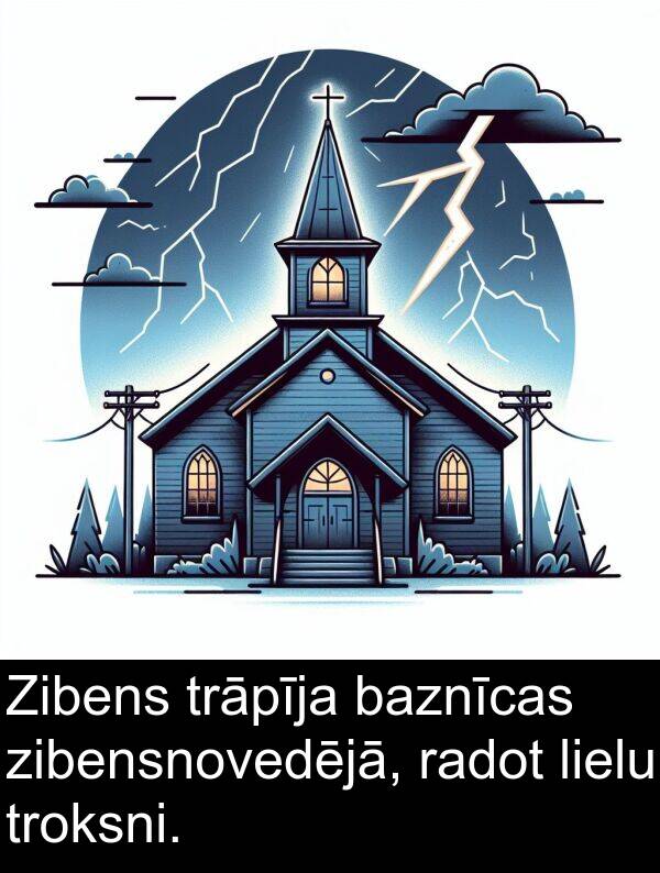 zibensnovedējā: Zibens trāpīja baznīcas zibensnovedējā, radot lielu troksni.