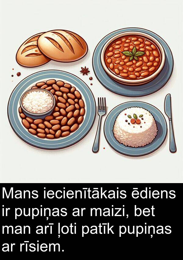 ēdiens: Mans iecienītākais ēdiens ir pupiņas ar maizi, bet man arī ļoti patīk pupiņas ar rīsiem.