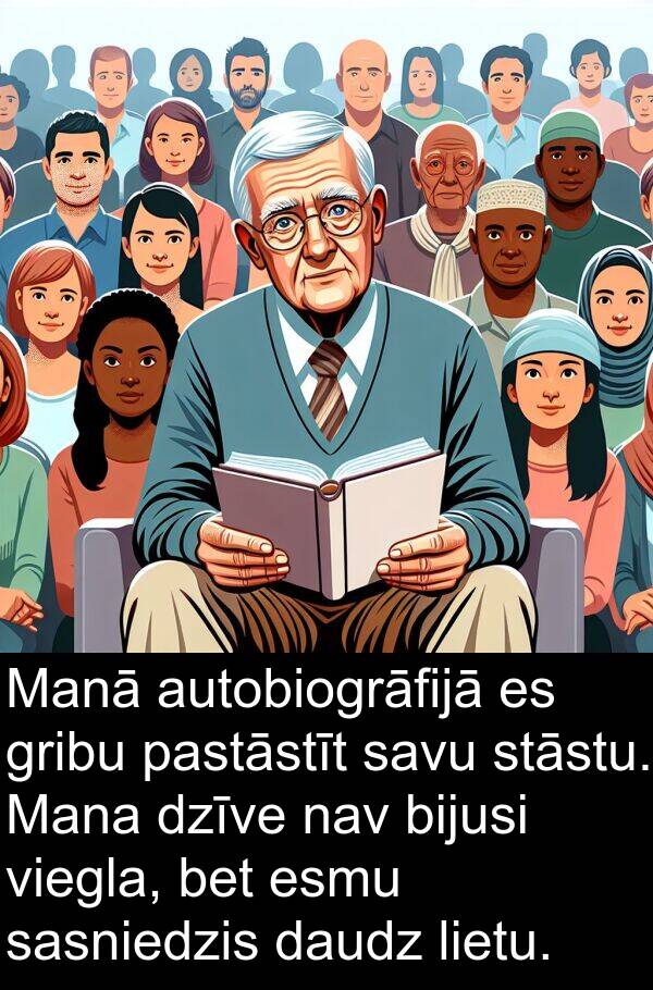 pastāstīt: Manā autobiogrāfijā es gribu pastāstīt savu stāstu. Mana dzīve nav bijusi viegla, bet esmu sasniedzis daudz lietu.