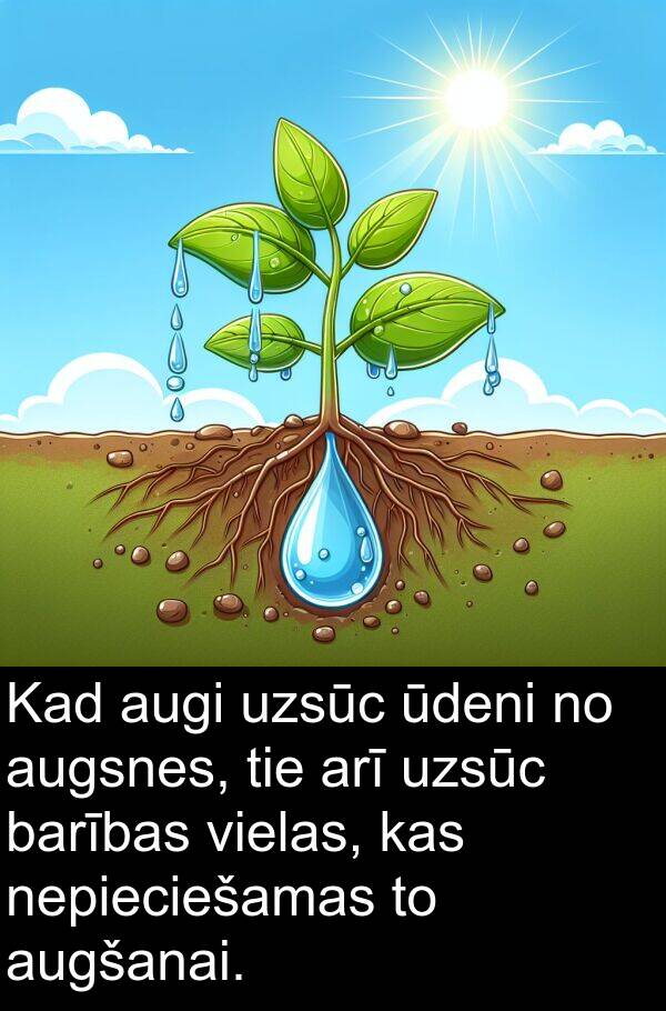 ūdeni: Kad augi uzsūc ūdeni no augsnes, tie arī uzsūc barības vielas, kas nepieciešamas to augšanai.