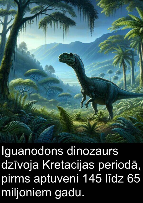 līdz: Iguanodons dinozaurs dzīvoja Kretacijas periodā, pirms aptuveni 145 līdz 65 miljoniem gadu.