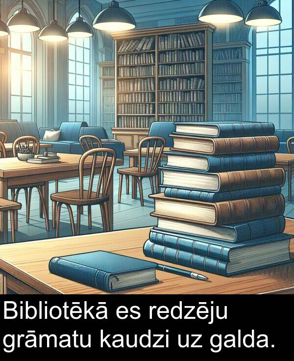 galda: Bibliotēkā es redzēju grāmatu kaudzi uz galda.