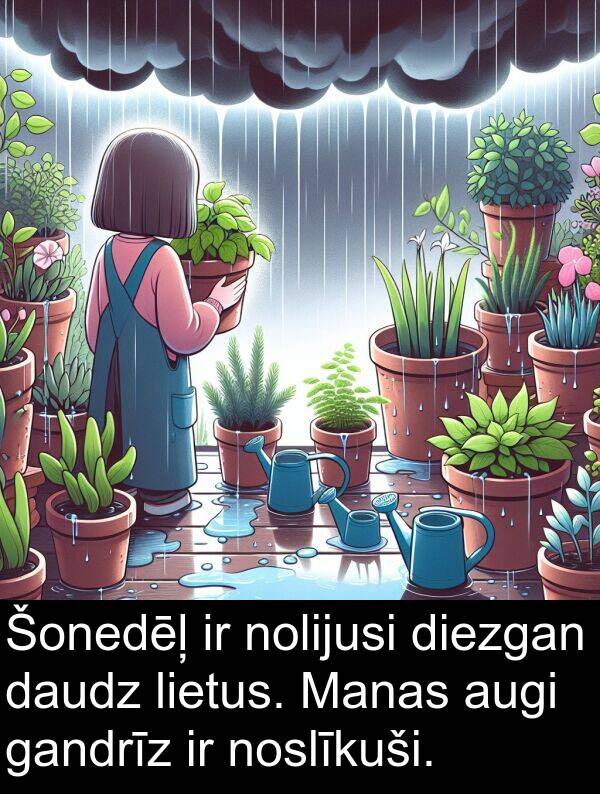 gandrīz: Šonedēļ ir nolijusi diezgan daudz lietus. Manas augi gandrīz ir noslīkuši.