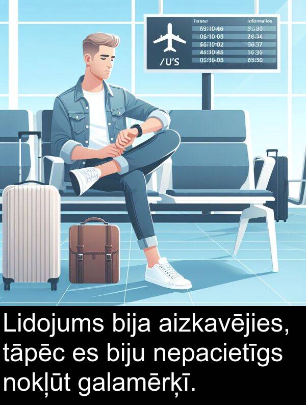 galamērķī: Lidojums bija aizkavējies, tāpēc es biju nepacietīgs nokļūt galamērķī.