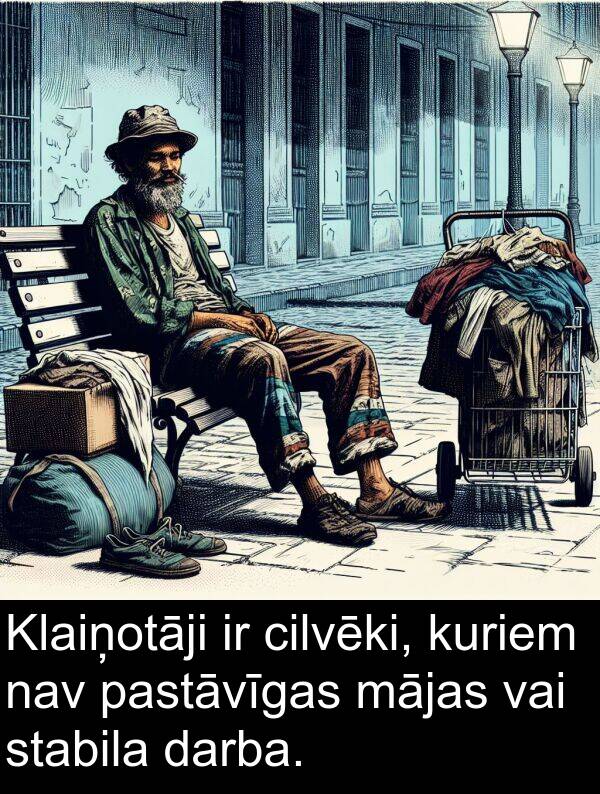 kuriem: Klaiņotāji ir cilvēki, kuriem nav pastāvīgas mājas vai stabila darba.