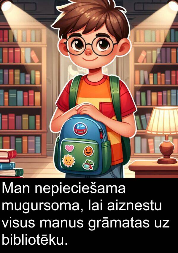 nepieciešama: Man nepieciešama mugursoma, lai aiznestu visus manus grāmatas uz bibliotēku.