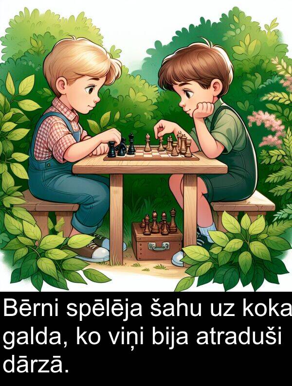 koka: Bērni spēlēja šahu uz koka galda, ko viņi bija atraduši dārzā.