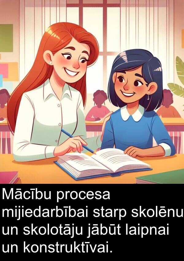 laipnai: Mācību procesa mijiedarbībai starp skolēnu un skolotāju jābūt laipnai un konstruktīvai.