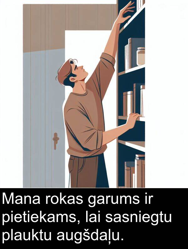 rokas: Mana rokas garums ir pietiekams, lai sasniegtu plauktu augšdaļu.
