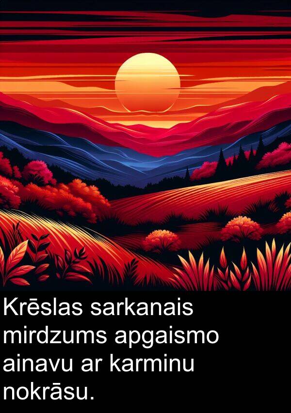 ainavu: Krēslas sarkanais mirdzums apgaismo ainavu ar karminu nokrāsu.