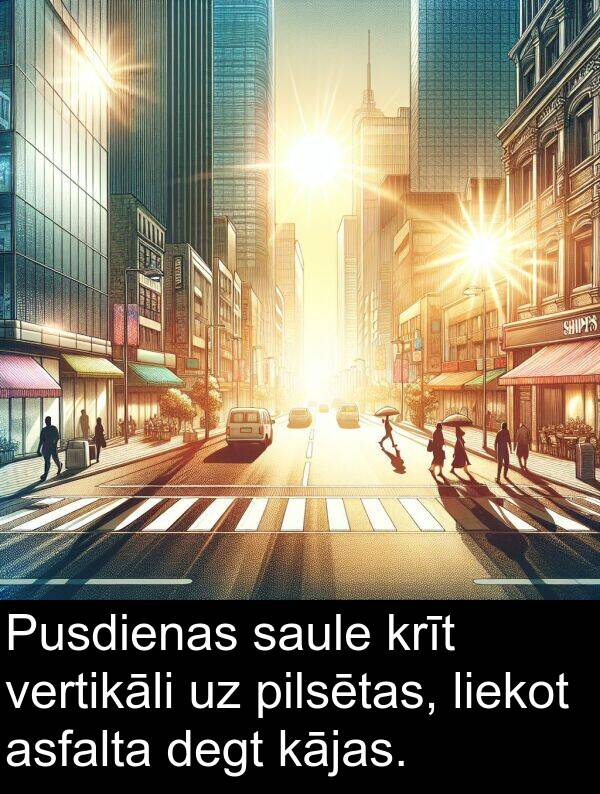 krīt: Pusdienas saule krīt vertikāli uz pilsētas, liekot asfalta degt kājas.