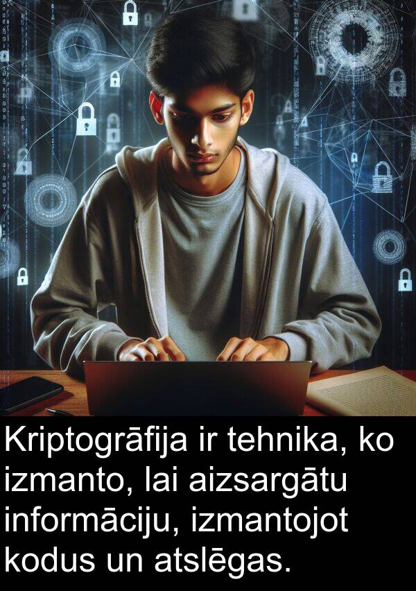 kodus: Kriptogrāfija ir tehnika, ko izmanto, lai aizsargātu informāciju, izmantojot kodus un atslēgas.
