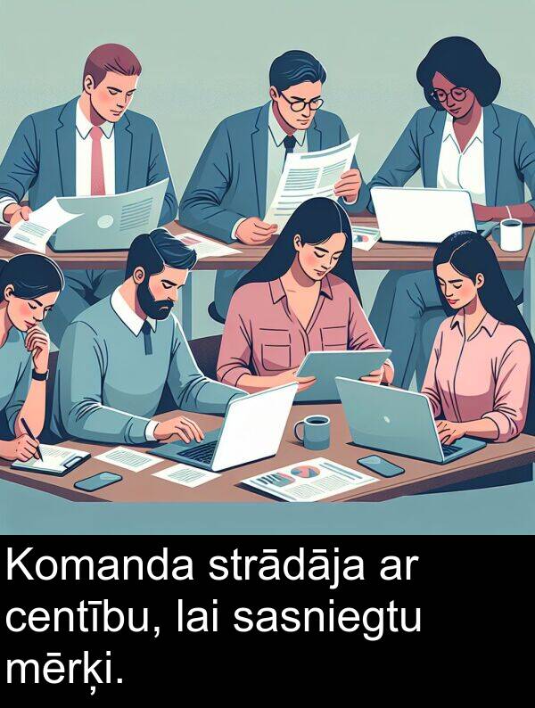 centību: Komanda strādāja ar centību, lai sasniegtu mērķi.