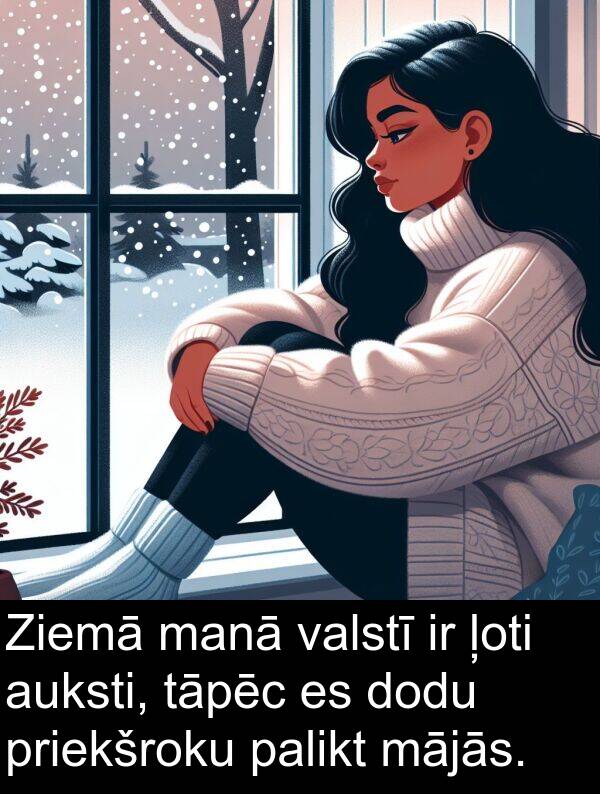 mājās: Ziemā manā valstī ir ļoti auksti, tāpēc es dodu priekšroku palikt mājās.