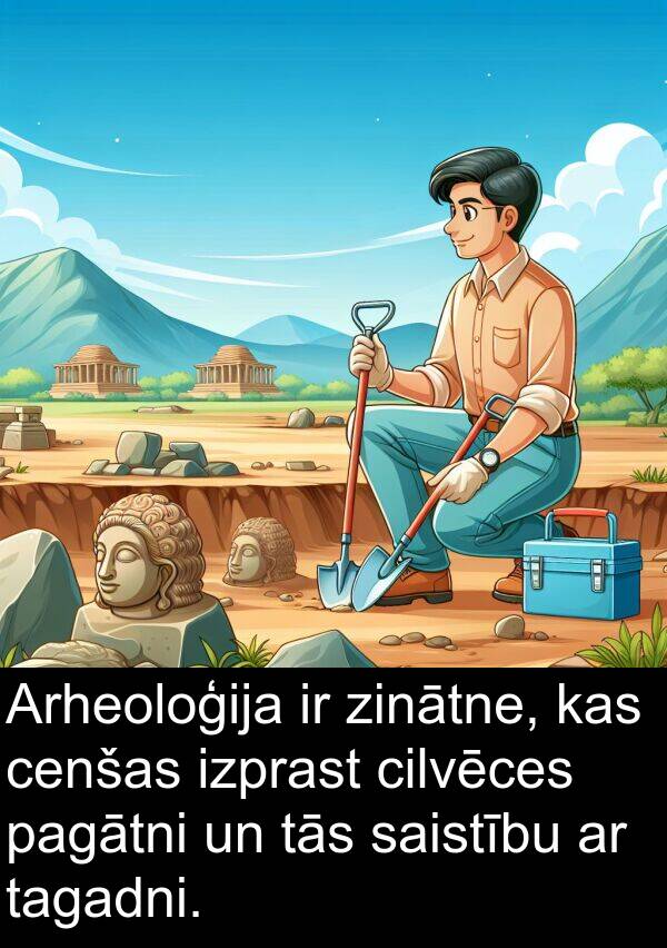 cenšas: Arheoloģija ir zinātne, kas cenšas izprast cilvēces pagātni un tās saistību ar tagadni.