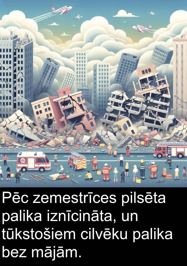 mājām: Pēc zemestrīces pilsēta palika iznīcināta, un tūkstošiem cilvēku palika bez mājām.
