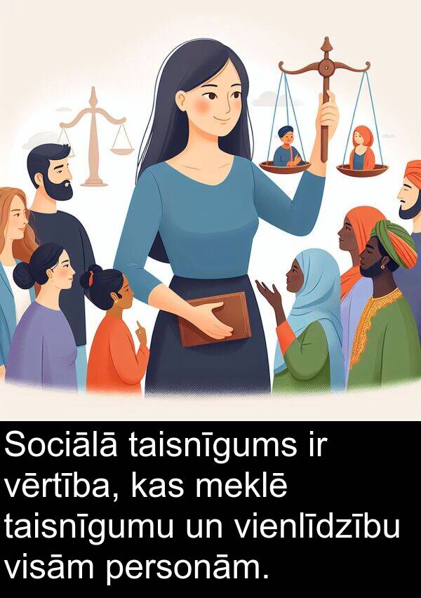 taisnīgumu: Sociālā taisnīgums ir vērtība, kas meklē taisnīgumu un vienlīdzību visām personām.