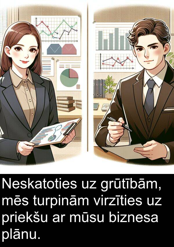 grūtībām: Neskatoties uz grūtībām, mēs turpinām virzīties uz priekšu ar mūsu biznesa plānu.
