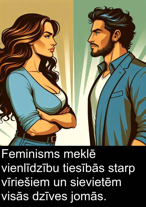 vīriešiem: Feminisms meklē vienlīdzību tiesībās starp vīriešiem un sievietēm visās dzīves jomās.