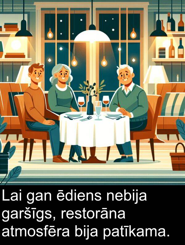 ēdiens: Lai gan ēdiens nebija garšīgs, restorāna atmosfēra bija patīkama.