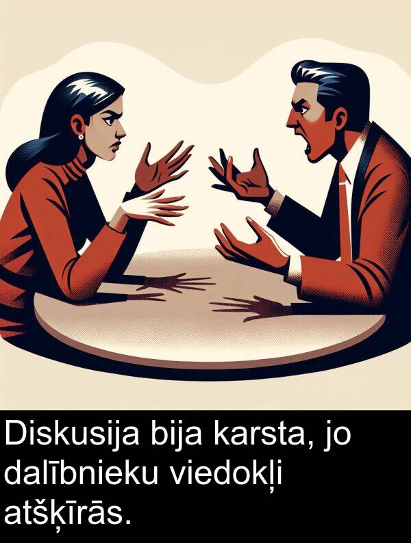 viedokļi: Diskusija bija karsta, jo dalībnieku viedokļi atšķīrās.