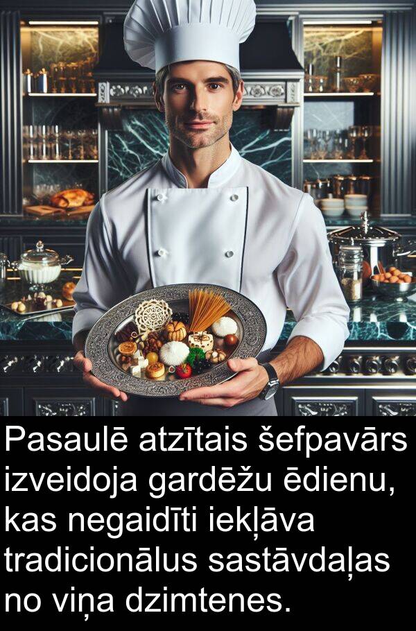 ēdienu: Pasaulē atzītais šefpavārs izveidoja gardēžu ēdienu, kas negaidīti iekļāva tradicionālus sastāvdaļas no viņa dzimtenes.