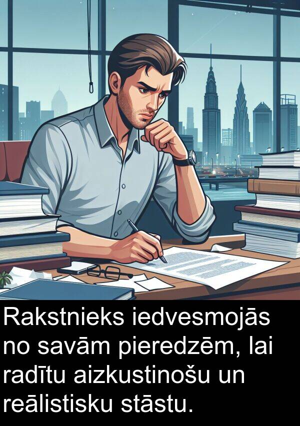 iedvesmojās: Rakstnieks iedvesmojās no savām pieredzēm, lai radītu aizkustinošu un reālistisku stāstu.