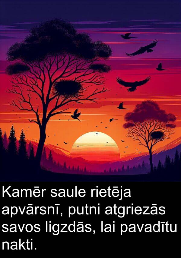 nakti: Kamēr saule rietēja apvārsnī, putni atgriezās savos ligzdās, lai pavadītu nakti.