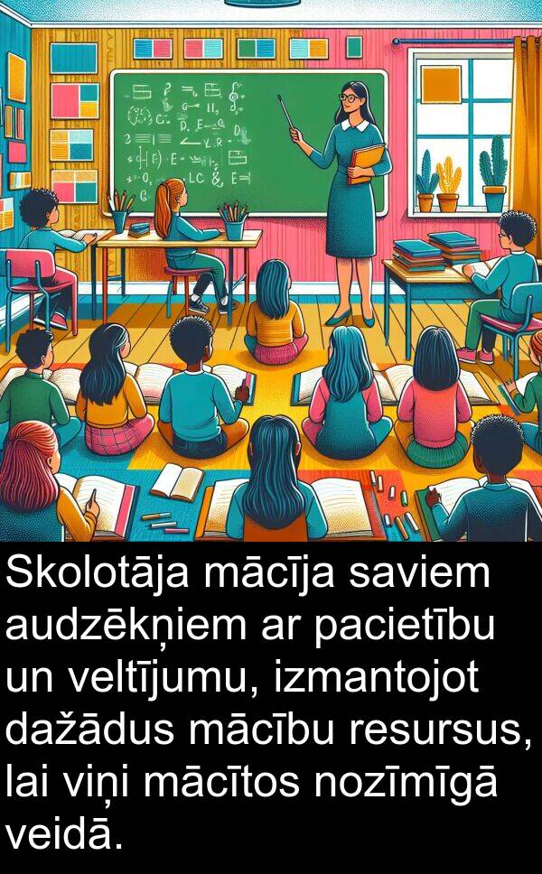 mācību: Skolotāja mācīja saviem audzēkņiem ar pacietību un veltījumu, izmantojot dažādus mācību resursus, lai viņi mācītos nozīmīgā veidā.
