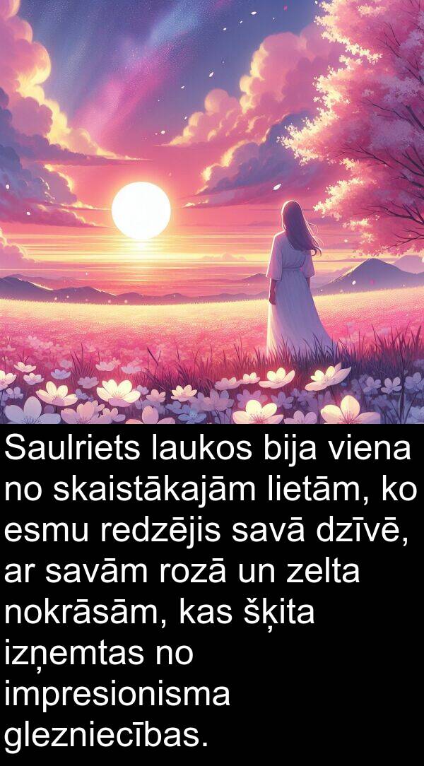 zelta: Saulriets laukos bija viena no skaistākajām lietām, ko esmu redzējis savā dzīvē, ar savām rozā un zelta nokrāsām, kas šķita izņemtas no impresionisma glezniecības.